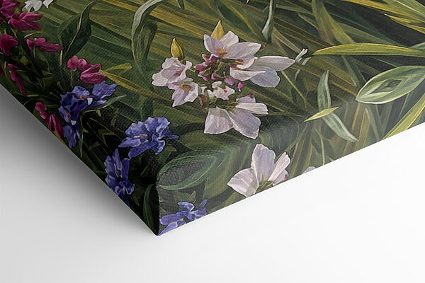 A painting of flowers by a river