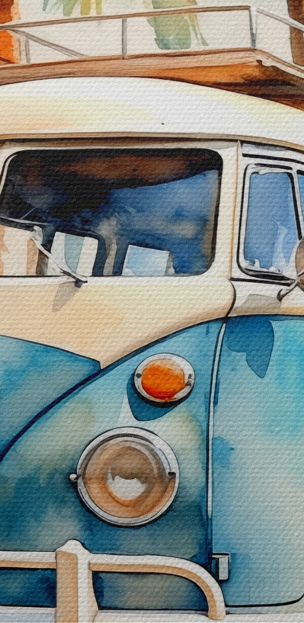 A watercolor of a van parked on a beach