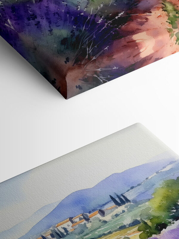 A watercolor painting of a field of lavender