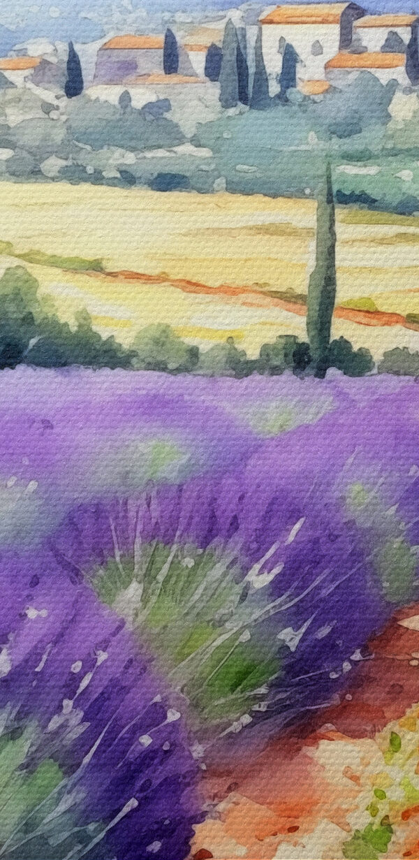 A watercolor painting of a field of lavender