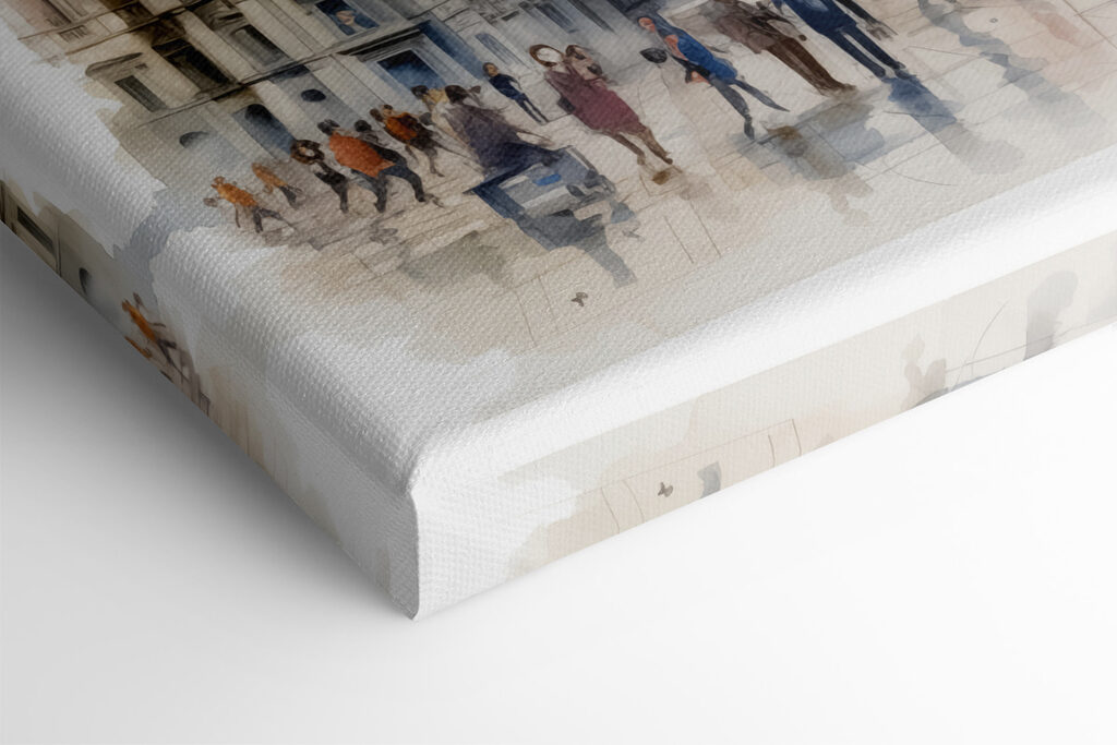 A watercolor of a building with people walking around A watercolor of a building with people walking around