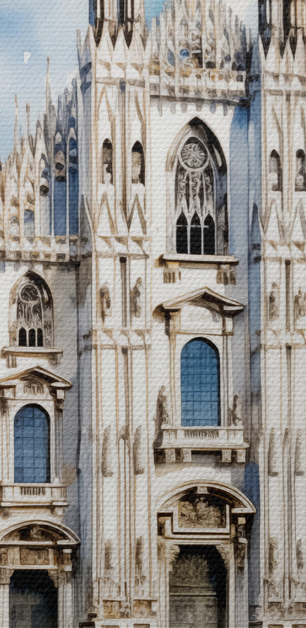 A watercolor of a building with people walking around A watercolor of a building with people walking around