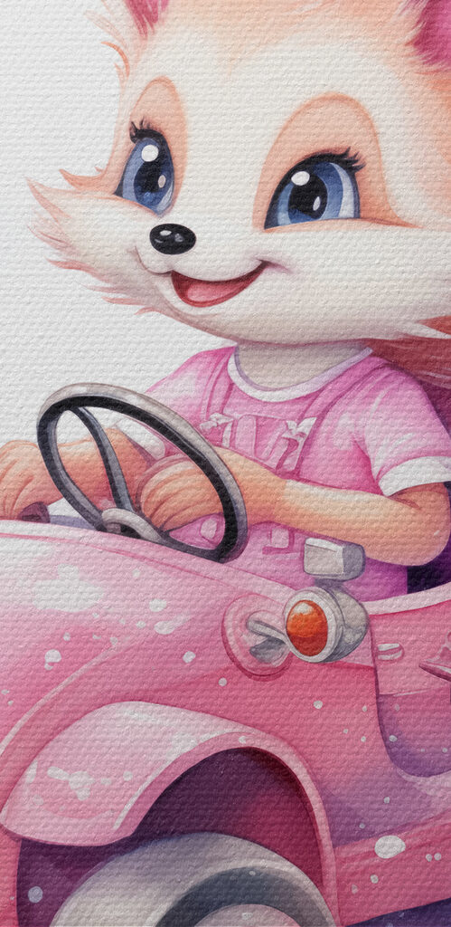 A cartoon fox driving a pink car