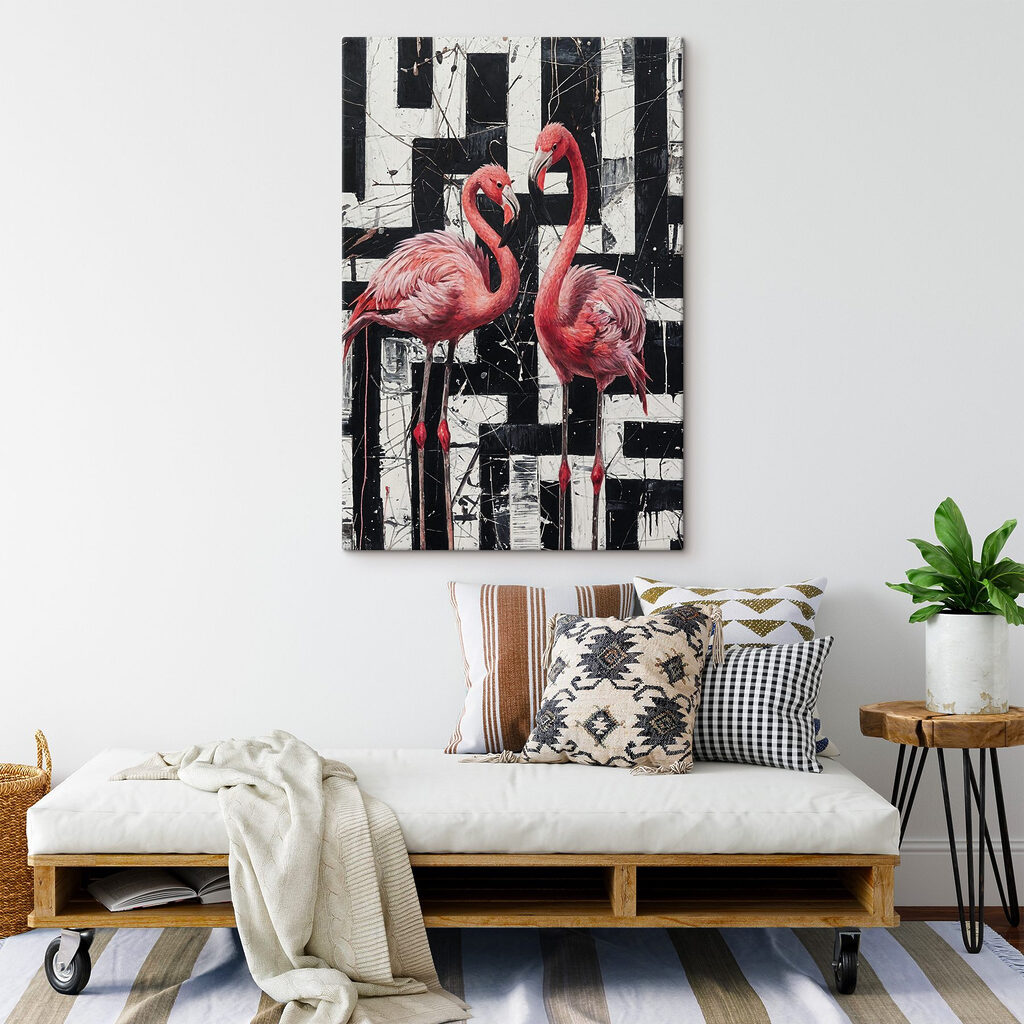 A painting of flamingos on a black and white background A painting of flamingos on a black and white background