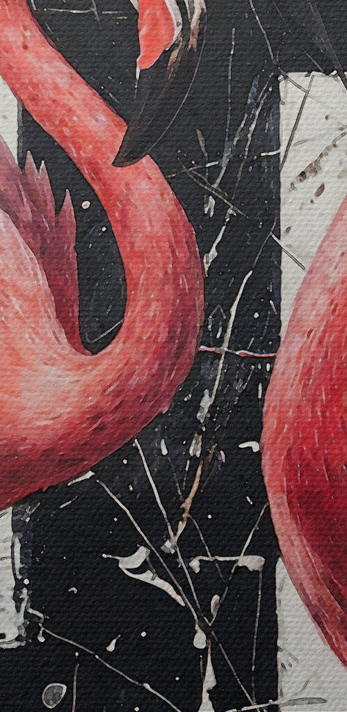 A painting of flamingos on a black and white background A painting of flamingos on a black and white background