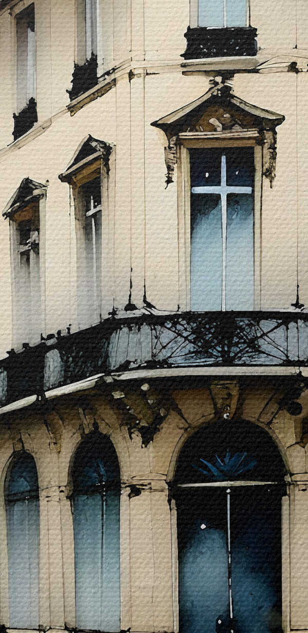 A painting of a building with a blue roof A painting of a building with a blue roof