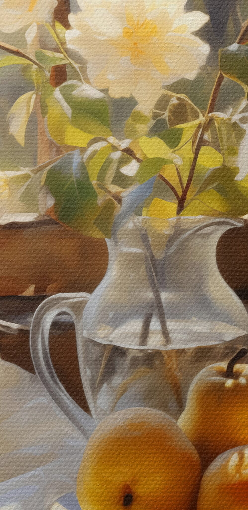 A plate of fruit and a cup on a table next to a vase of flowers
