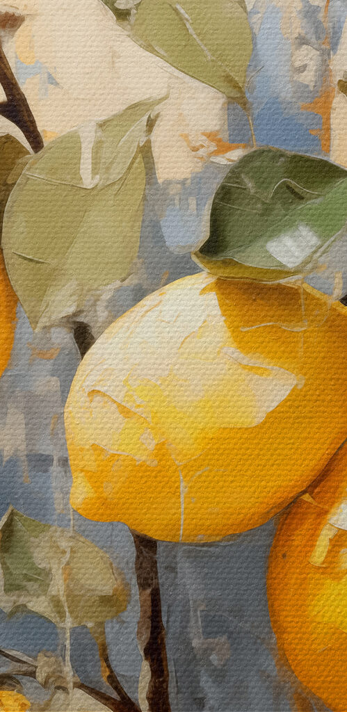 A painting of lemons on a branch