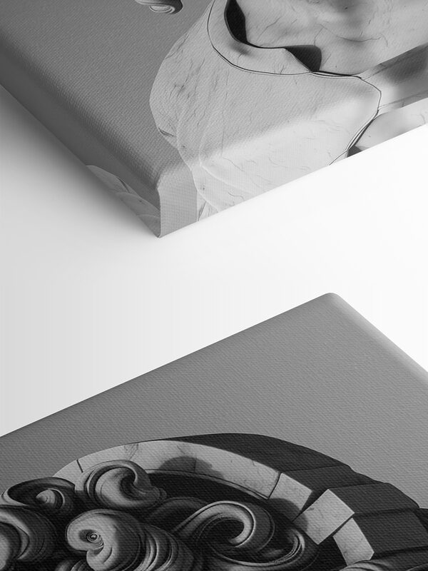 A statue of a man with headphones and a bubble gum A statue of a man with headphones and a bubble gum