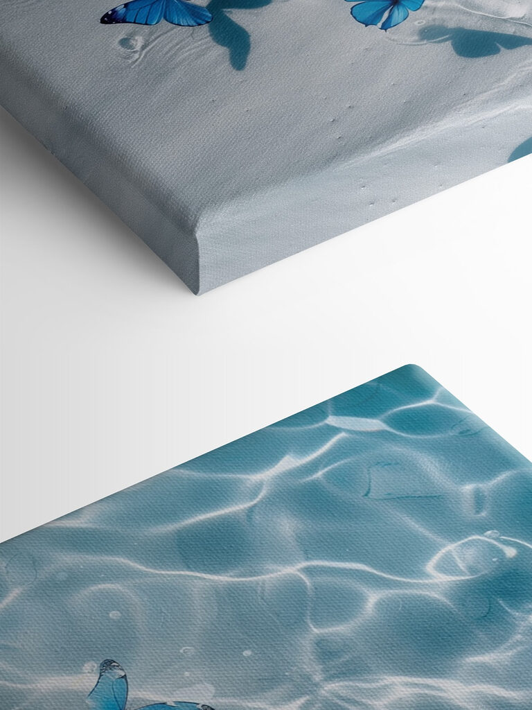 A group of blue butterflies floating on water