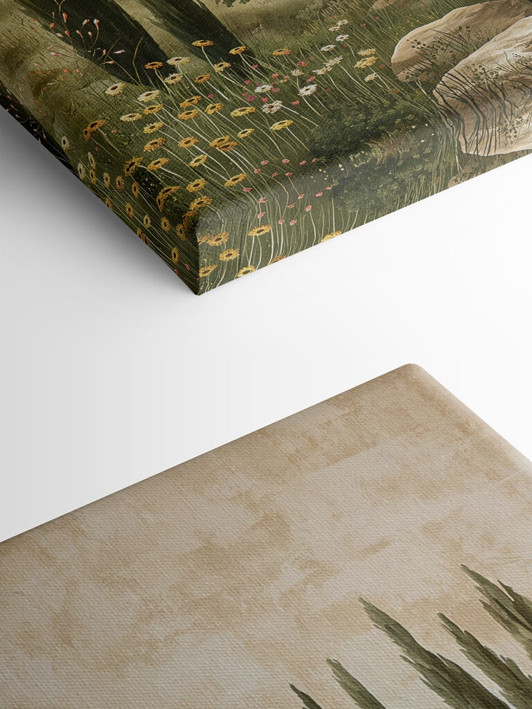 Painting of a landscape with trees and hills