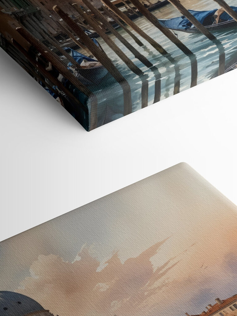 Group of gondolas in a body of water with a large building in the background Group of gondolas in a body of water with a large building in the background