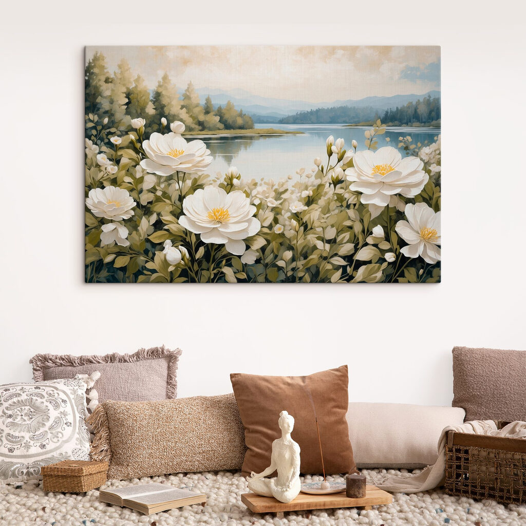 Painting of flowers by a lake