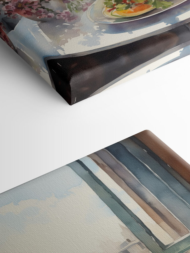 Watercolor painting of flowers and fruits on a table in front of a window