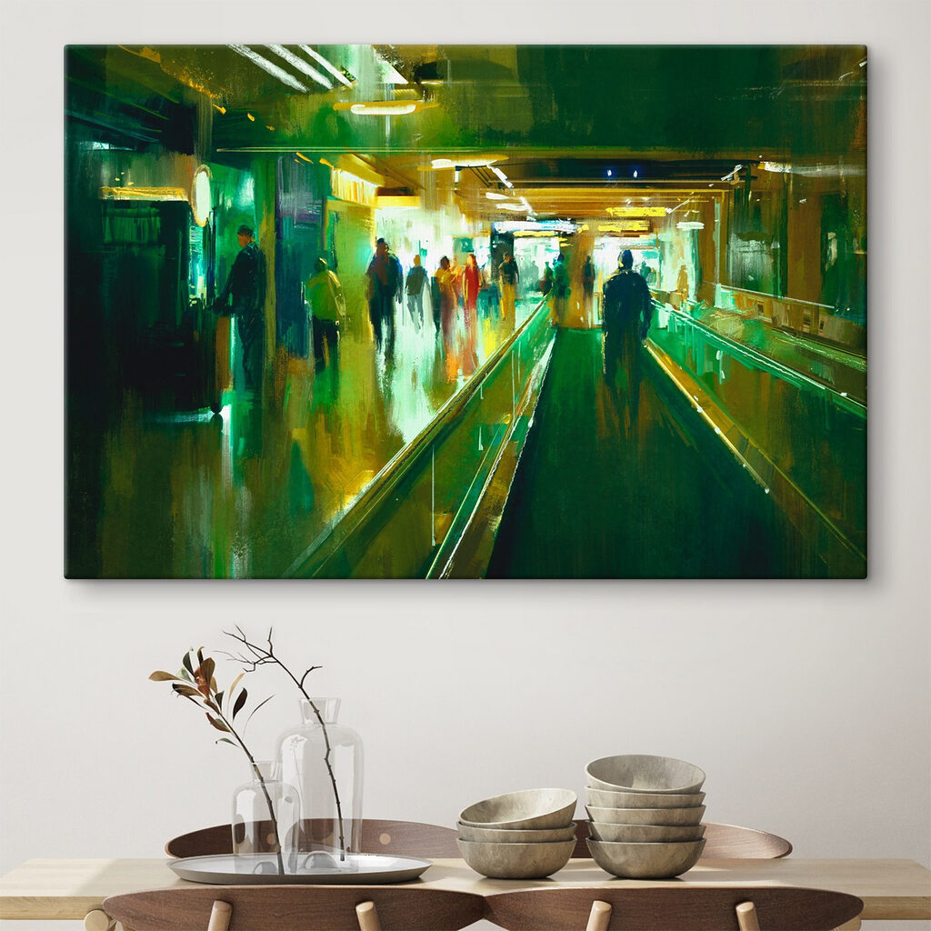 A group of people walking on an escalator