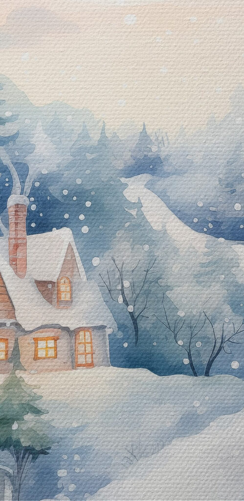 Painting of houses in a snowy forest
