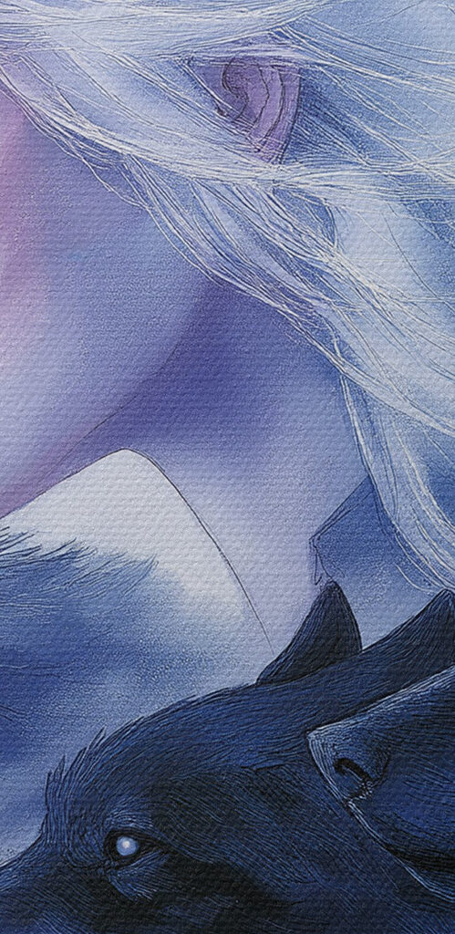 Woman with white hair and wolfs