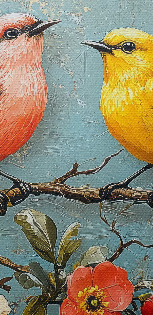 Group of birds on a branch with flowers Group of birds on a branch with flowers