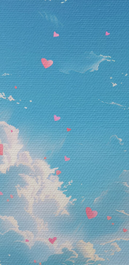 Blue sky with clouds and pink hearts