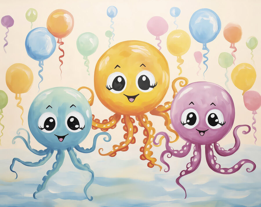 Grupa ośmiornic z balonami Grupa ośmiornic z balonami