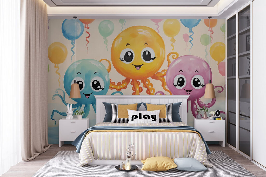 Group of octopuses with balloons