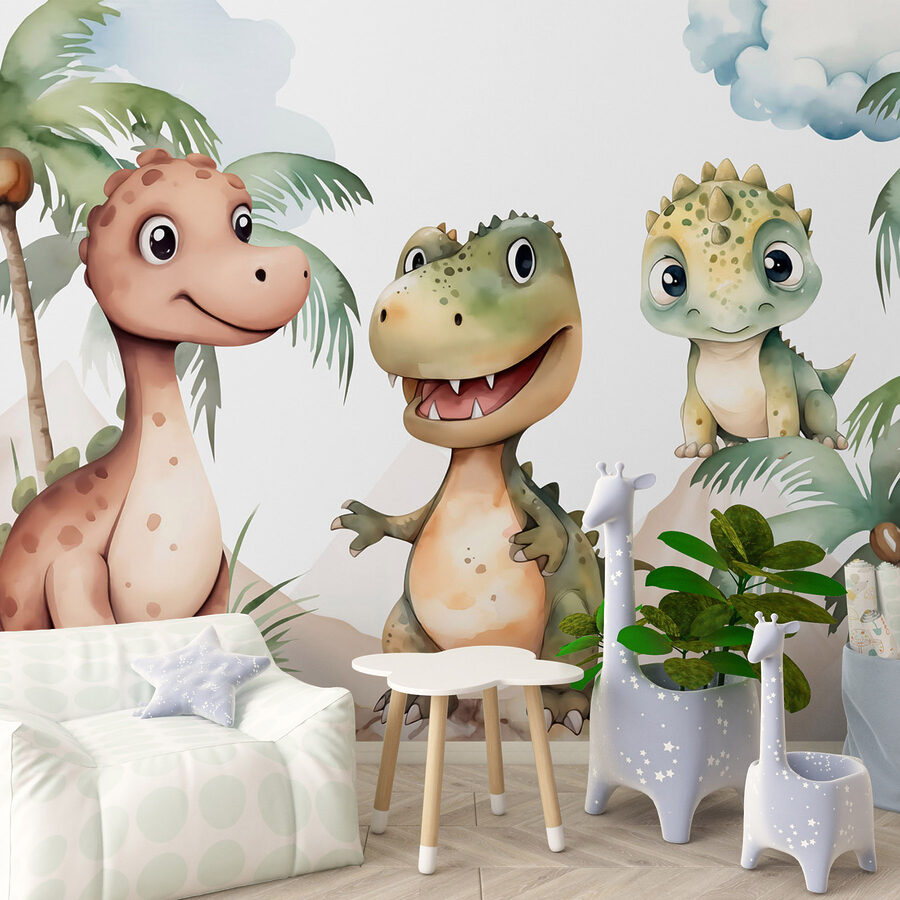 Grupa dinozaurów stojących na skałach