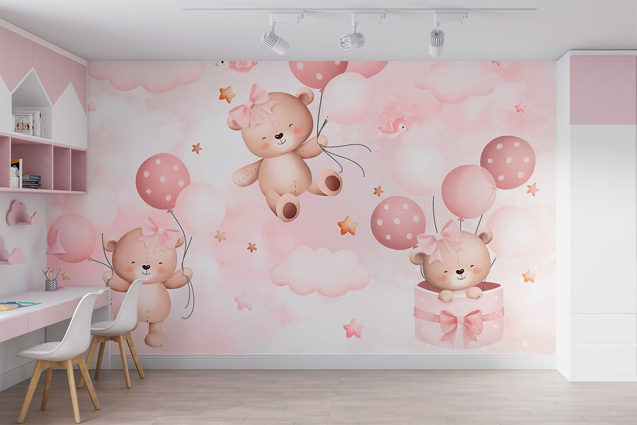 Grupa pluszowych misiów trzymających balony