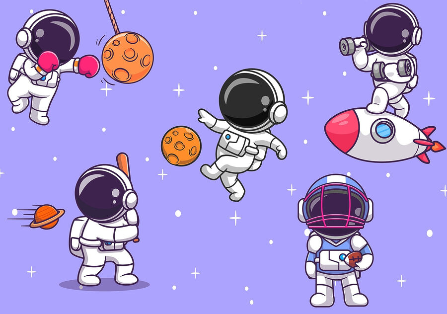 Kreskówka przedstawiająca astronautów w kosmosie