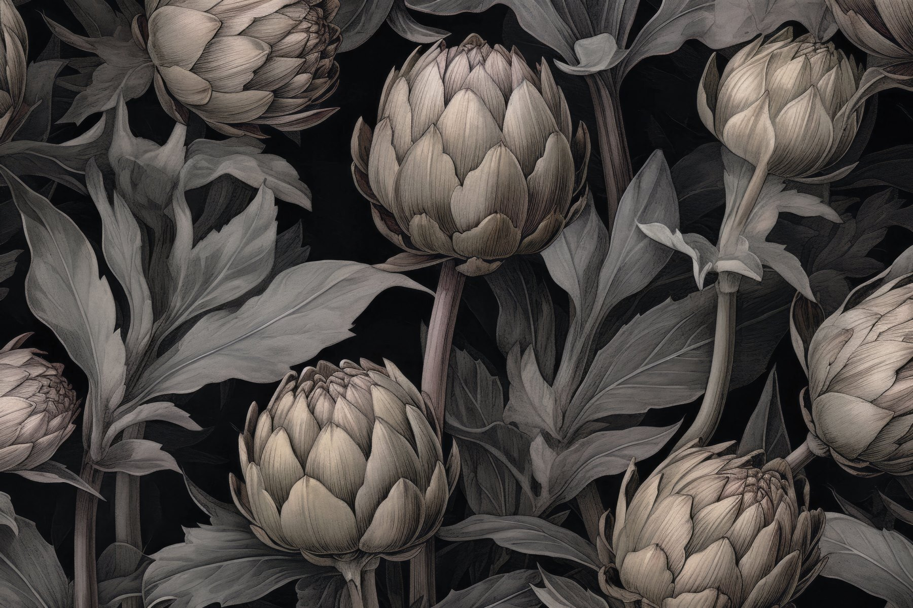 Artichokes and leaves on a black background