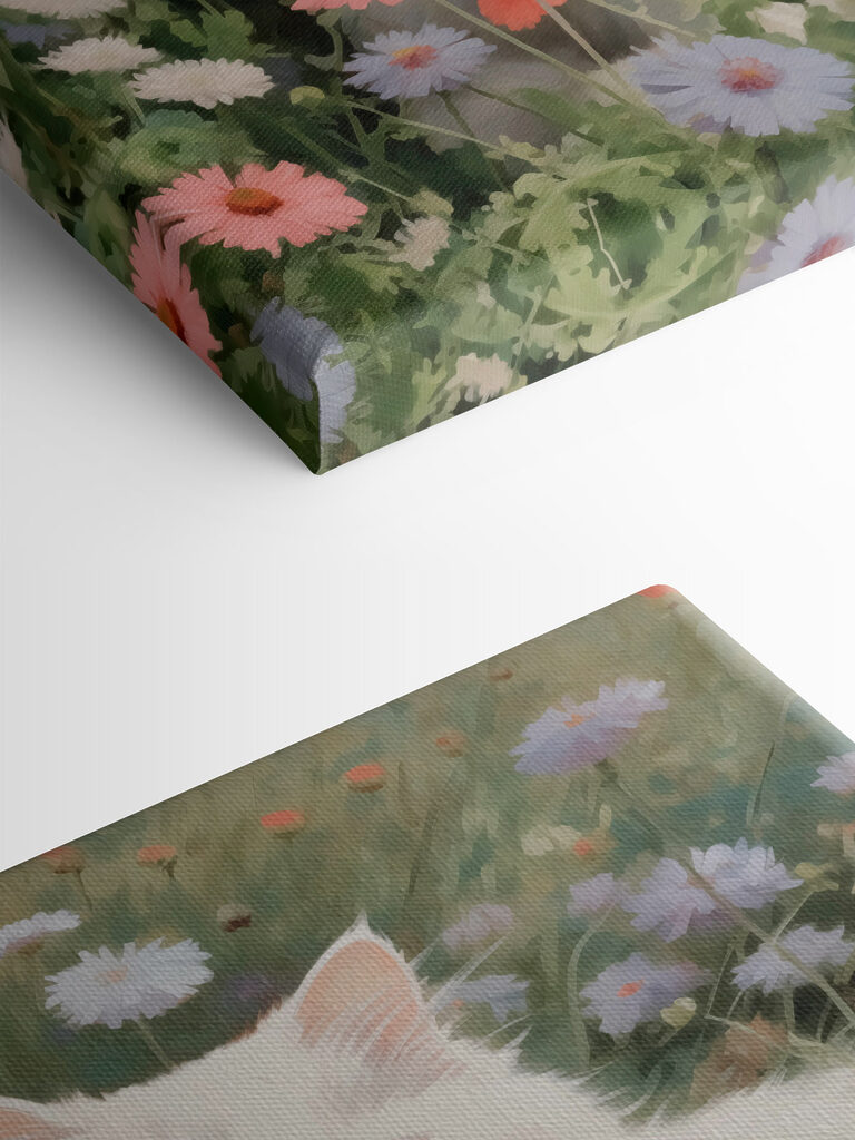 White cat in a field of flowers