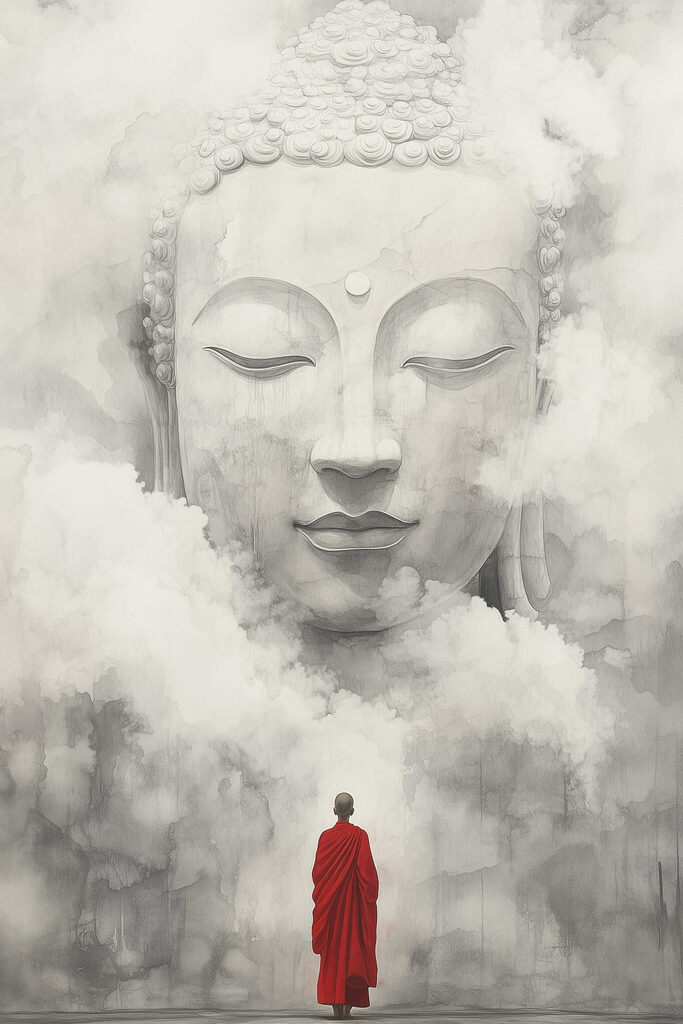 Man standing in front of a large statue Man standing in front of a large statue