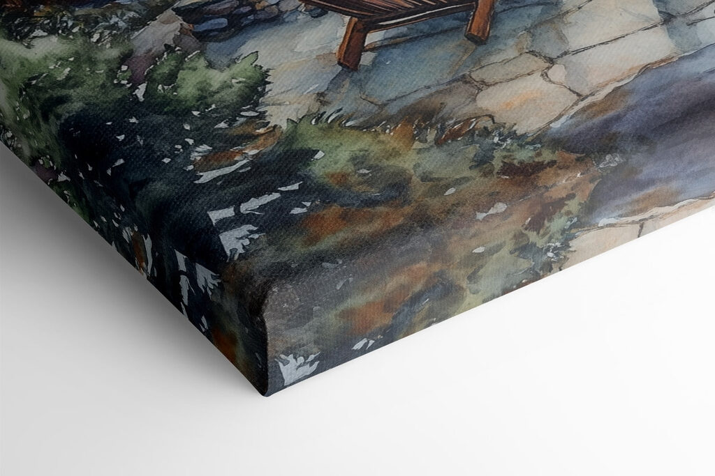 Watercolor painting of chairs around a fire pit overlooking a lake