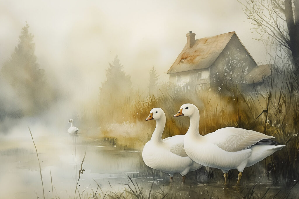 Watercolor painting of geese in a pond Watercolor painting of geese in a pond
