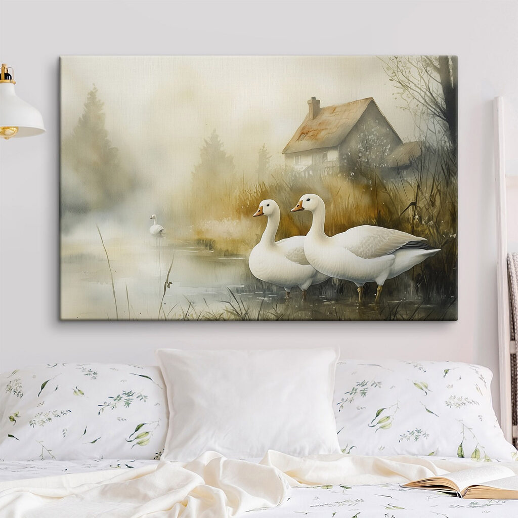 Watercolor painting of geese in a pond Watercolor painting of geese in a pond