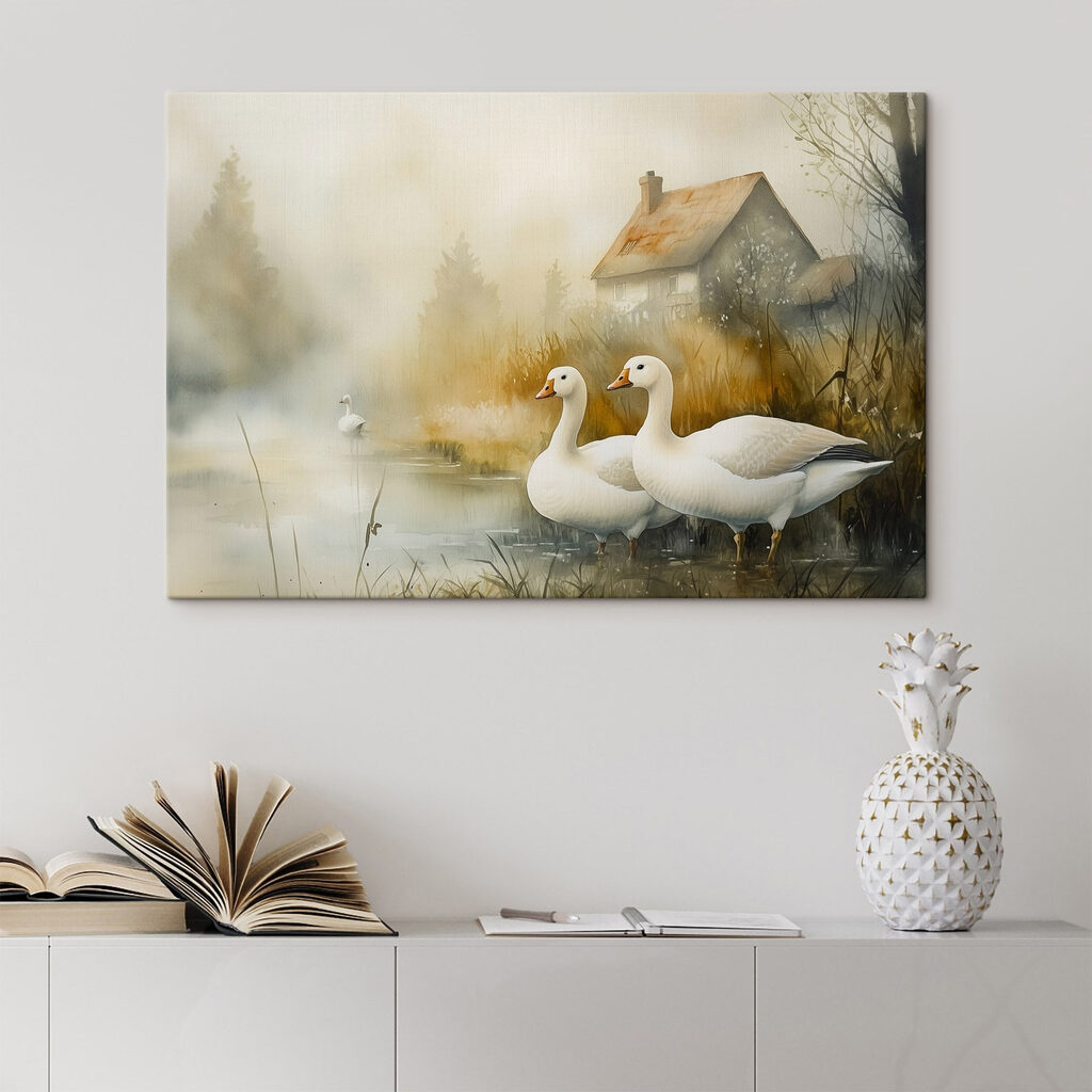 Watercolor painting of geese in a pond Watercolor painting of geese in a pond
