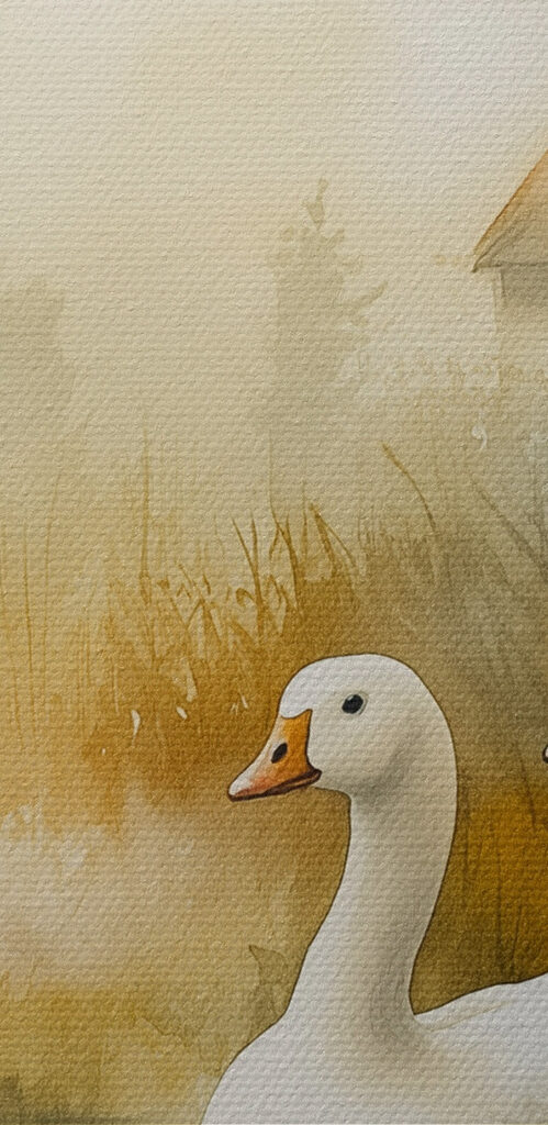 Watercolor painting of geese in a pond Watercolor painting of geese in a pond