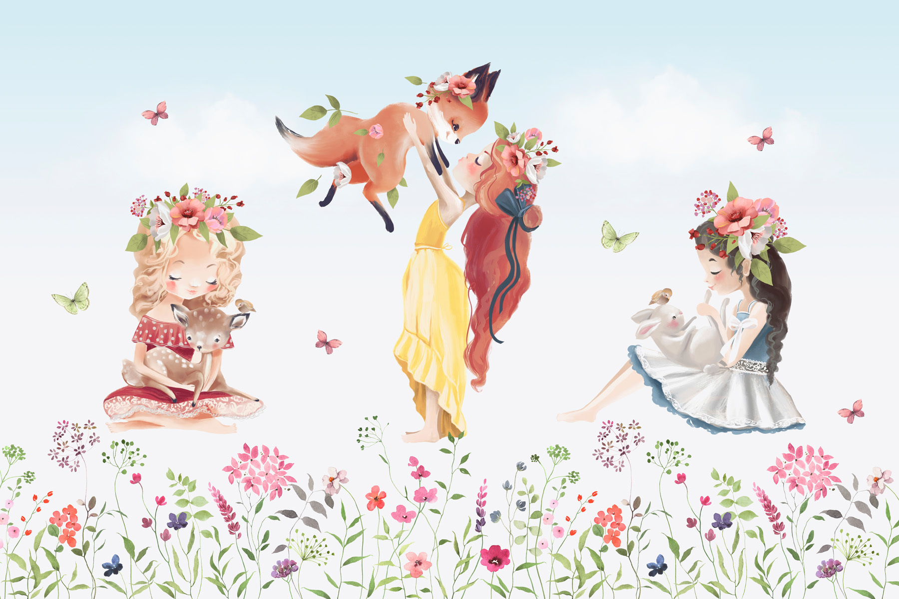 Group of girls holding animals in a field of flowers