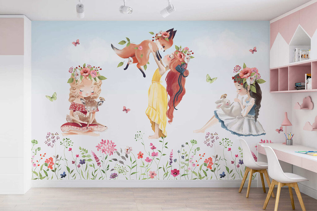 Group of girls holding animals in a field of flowers