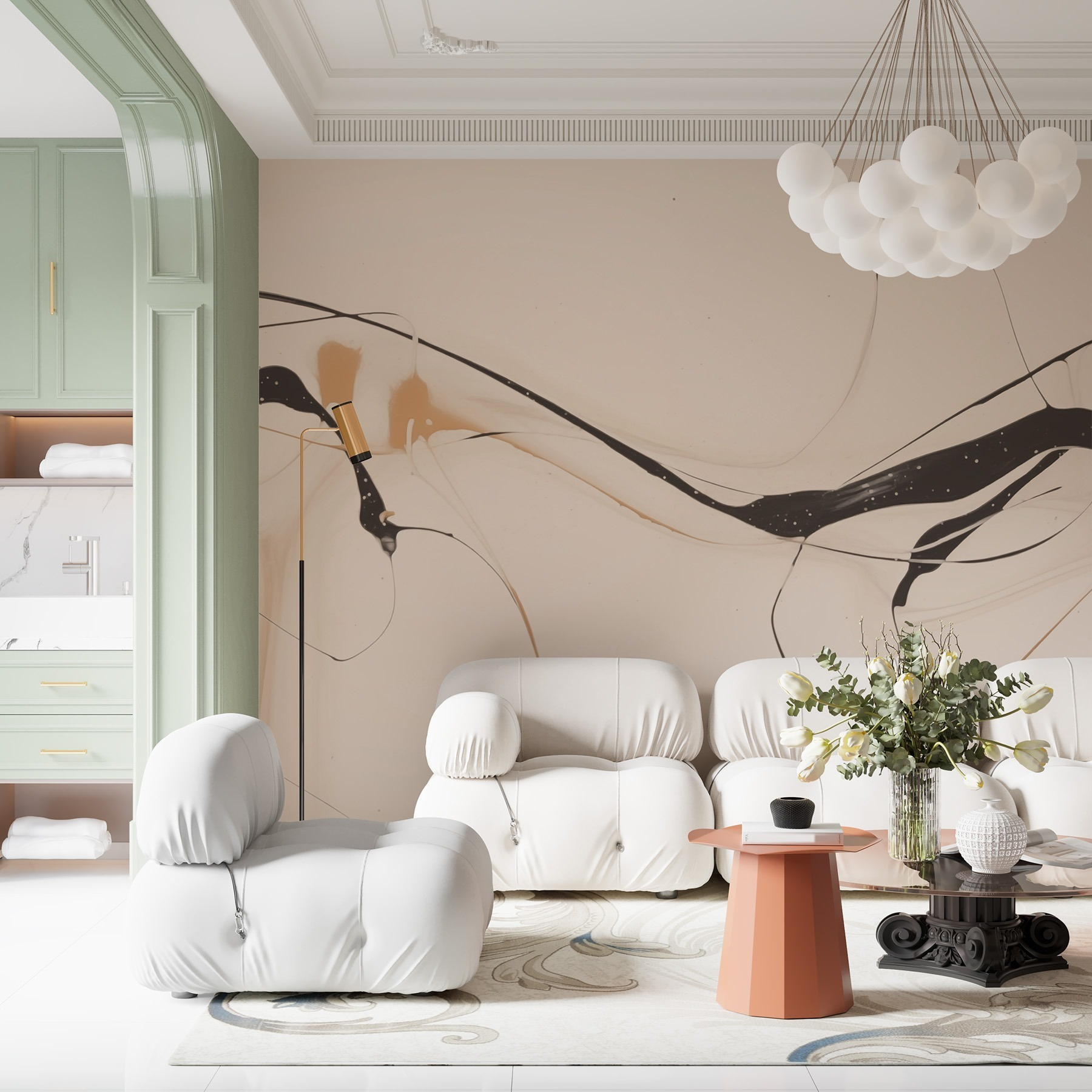 Black and tan paint on a white surface