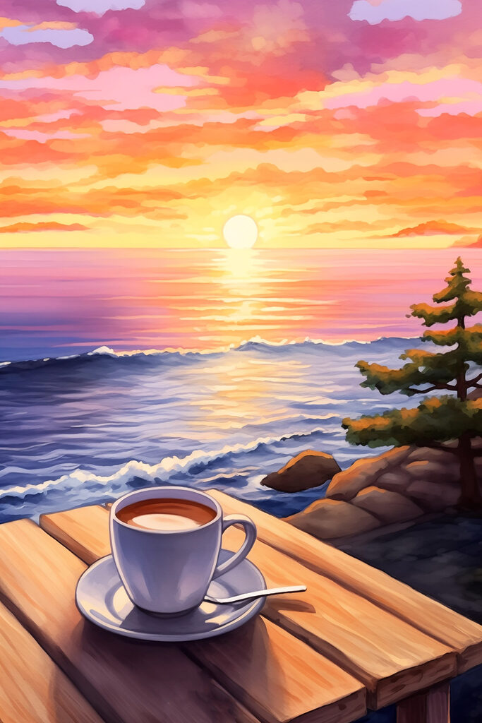 Cup of coffee on a table overlooking a body of water