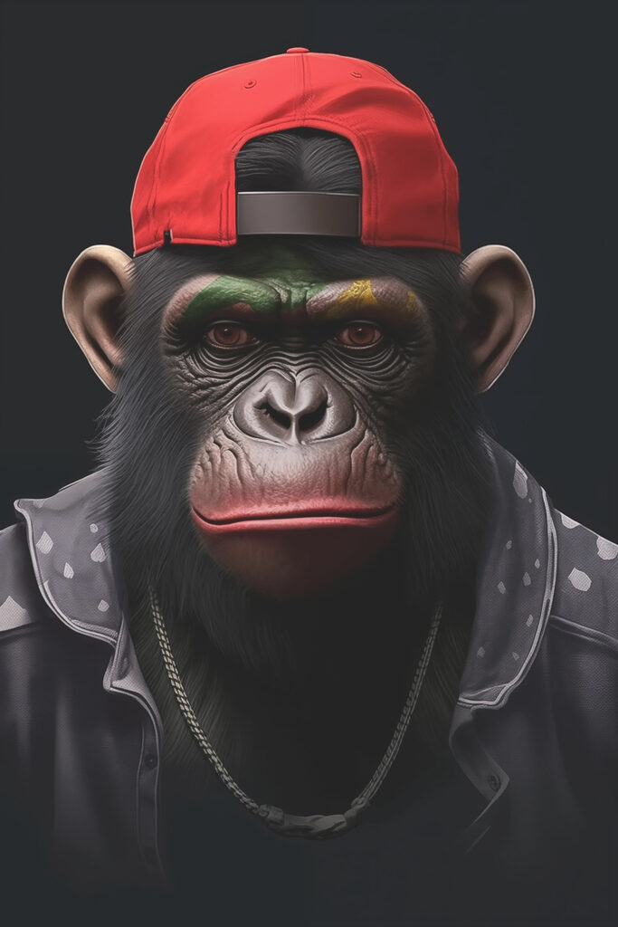 Chimpanzee wearing a red hat and jacket Chimpanzee wearing a red hat and jacket