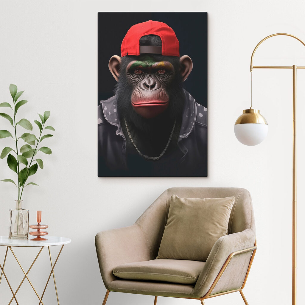 Chimpanzee wearing a red hat and jacket Chimpanzee wearing a red hat and jacket