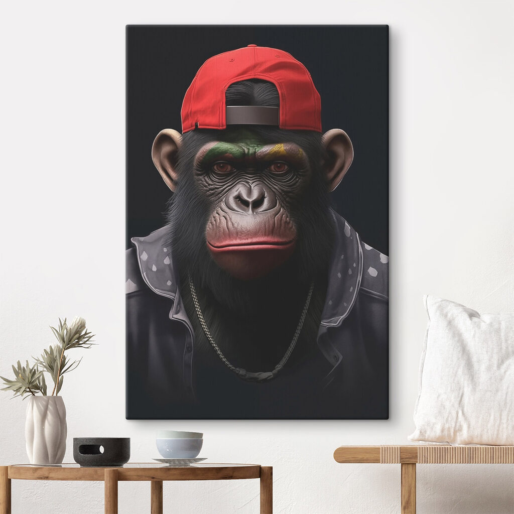 Chimpanzee wearing a red hat and jacket Chimpanzee wearing a red hat and jacket