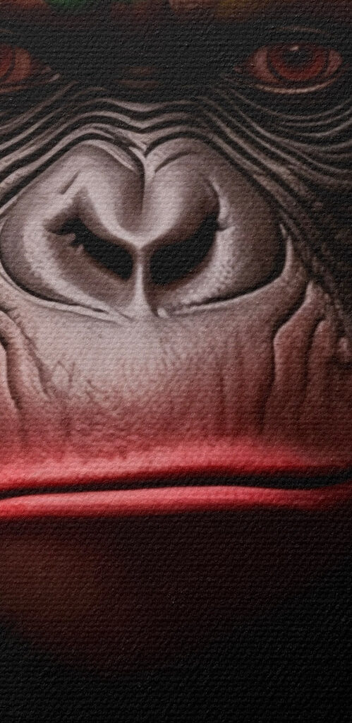 Chimpanzee wearing a red hat and jacket Chimpanzee wearing a red hat and jacket