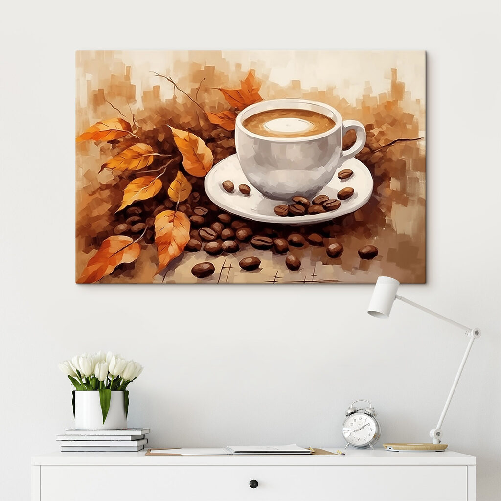 Coffee cup and beans on a saucer
