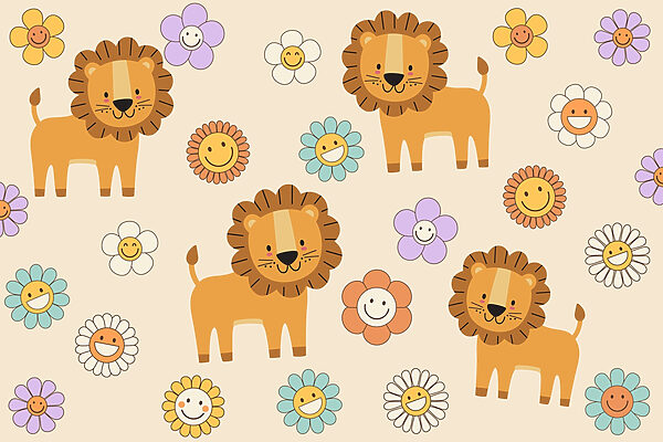 Group of cartoon lions and flowers