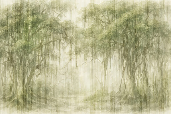 Painting of trees in a foggy forest