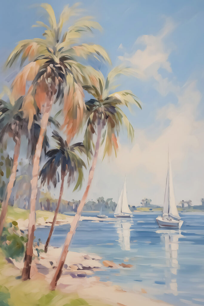 Painting of a beach with palm trees and boats