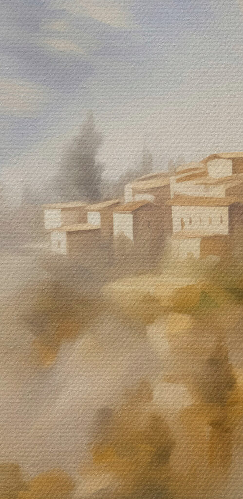 Painting of a village on a hill