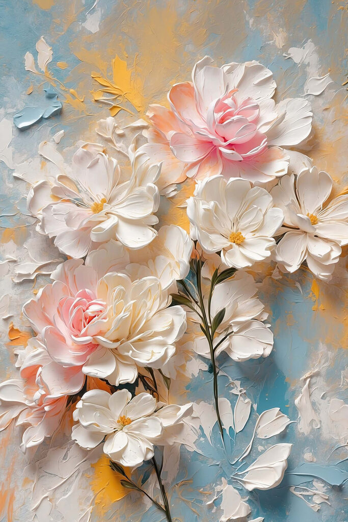 Painting of flowers on a blue and yellow background